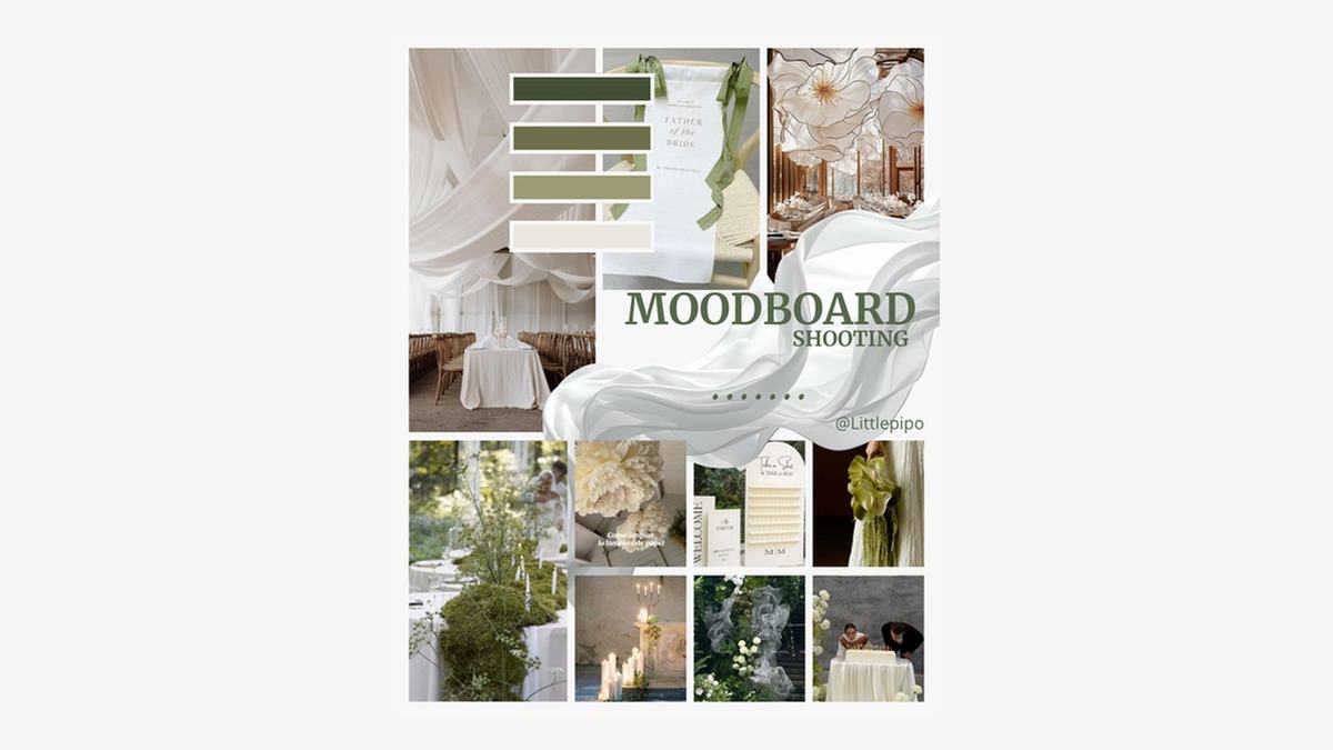 Moodboard d'un mariage : palette de verts, drapés, fleurs blanches et tables dressées