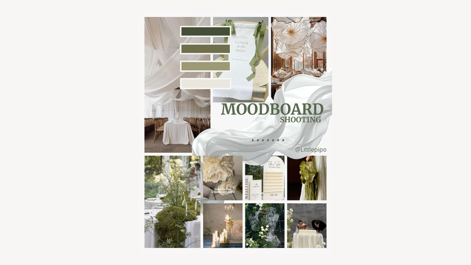 Moodboard d'un mariage : palette de verts, drapés, fleurs blanches et tables dressées
